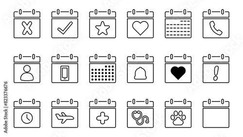 Calendar Icons Outlined - Check, Heart, Dashes, Circles, Phone, Contact, Important, Bell, Heart, Clock, Plane, Doctor, Pet, Vet
