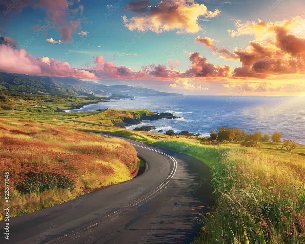 A road with a beautiful view of the ocean and mountains. The sky is filled with clouds and the sun is setting