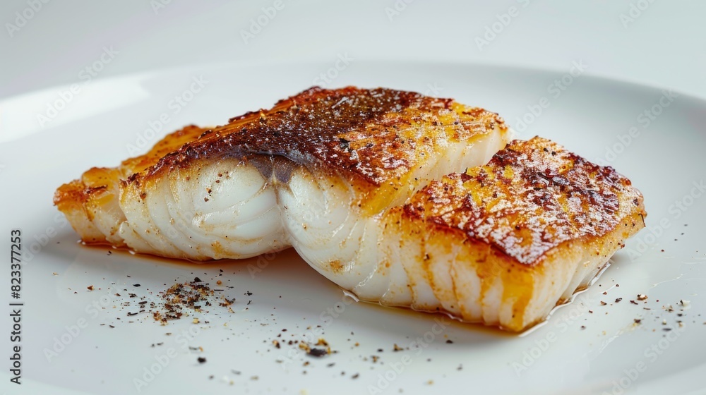 Succulent Pan-Fried Cod Fillet with Crispy Skin on White Background - High Definition Food Photography Succulent Pan-Fried Cod Fillet with Crispy Skin on White Background - High Definition Food Photography