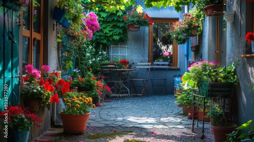 Colorful Flowers In Pots On A Patio In A Sunny Italian Courtyard
