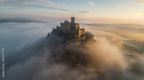 An ancient castle on a hilltop surrounded by fog. --ar 16:9 Job ID: 96d2461b-c097-4ada-a1e8-e2bcb45255c6