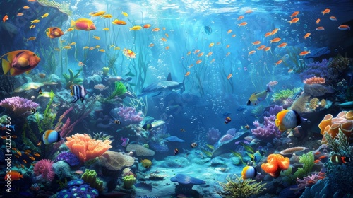 An underwater scene with vibrant fish and corals. --ar 16:9 Job ID: a762131e-daeb-4cfe-b92f-eb44f9ca5355 © Farda