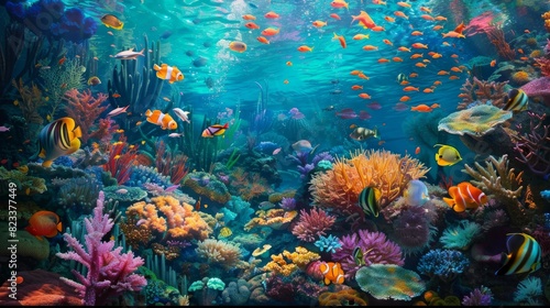 An underwater scene with vibrant fish and corals. --ar 16 9 Job ID  a762131e-daeb-4cfe-b92f-eb44f9ca5355