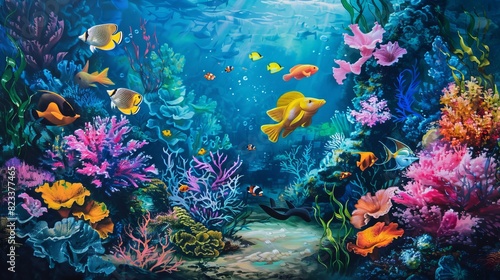 An underwater scene with vibrant fish and corals. --ar 16:9 Job ID: a762131e-daeb-4cfe-b92f-eb44f9ca5355