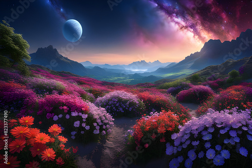 Lush garden on an other wordly planet deep in cosmos photo