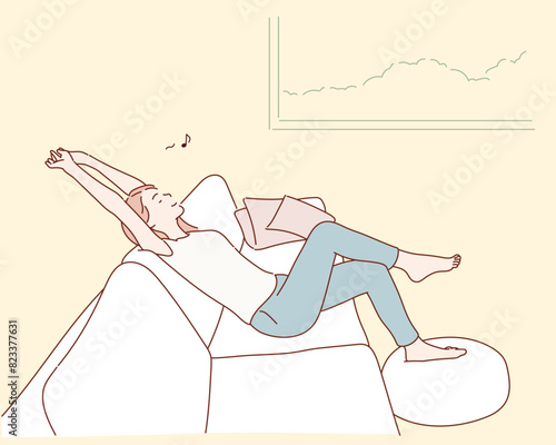 Young woman relaxing on sofa . Hand drawn style vector design illustrations.