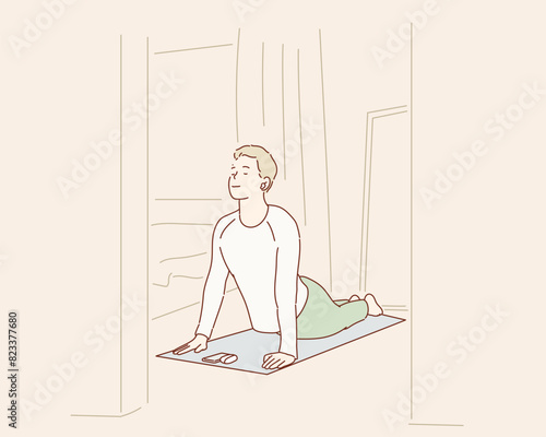 A man practising yoga at home and looking concentrated. Hand drawn style vector design illustrations.