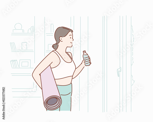 Fitness Concept. Portrait of happy  woman holding water bottle and yoga mat. Hand drawn style vector design illustrations.