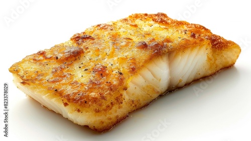 Gourmet Pan-Fried Cod with Crispy Skin on White Background - High Definition Close-Up Shot of Delicious Seafood Dish