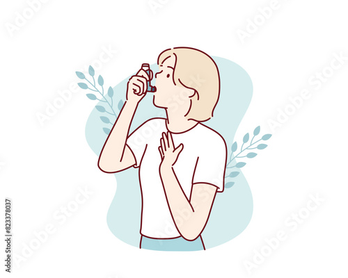 Woman uses an asthma inhaler against attack. World asthma day. Hand drawn style vector design illustrations.