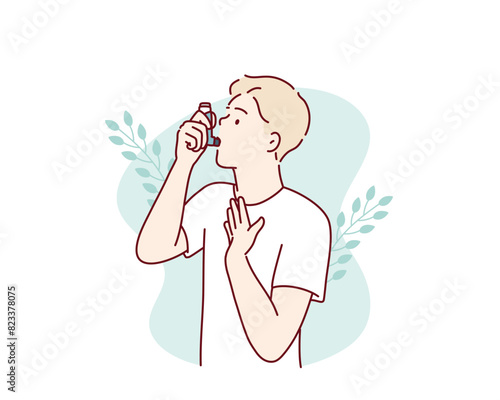 Man uses an asthma inhaler against attack. World asthma day. Hand drawn style vector design illustrations.