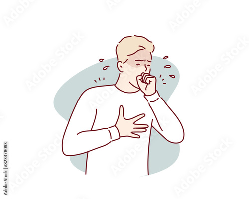 unhealthy Sickness, asian young man, girl unwell and coughing, have cold, sore throat isolated white background suffering with symptom cough feeling bad.Hand drawn style vector design illustrations.