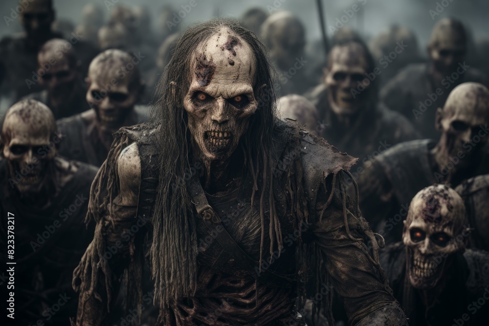 Eerie portrayal of a group of zombies with a focus on one in the foreground, amid misty darkness