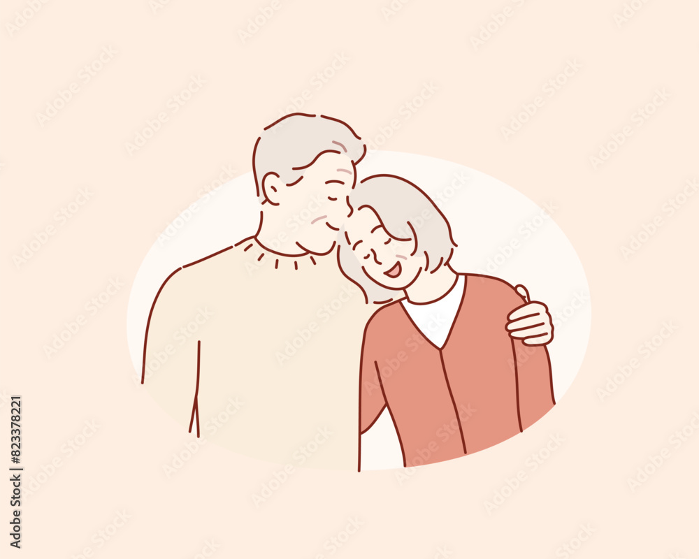 Happy mature husband and wife. old happy couple leaning on each other. Hand drawn style vector design illustrations. Happy mature husband and wife. old happy couple leaning on each other. Hand drawn style vector design illustrations.