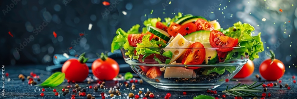 Cheese Vegetables Salad, Sliced Tomatoes, Cucumbers, Lettuce Leaves, Dry Aromatic Herbs