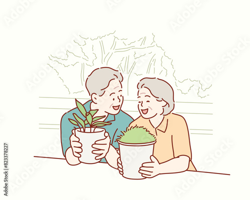 Loving couple have fun in gardening. Hand drawn style vector design illustrations.