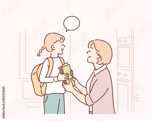 Happy family preparing for school. Little girl with mother. Hand drawn style vector design illustrations.