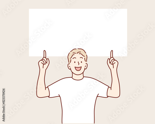 young man sees amazing thing up. Hand drawn style vector design illustrations.