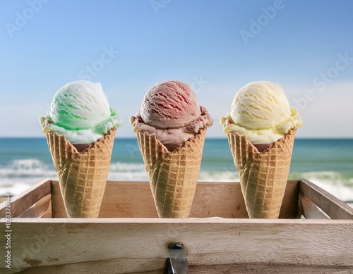 ice cream in a cone, ice cream cones with multiple scoops of ice cream in different colors