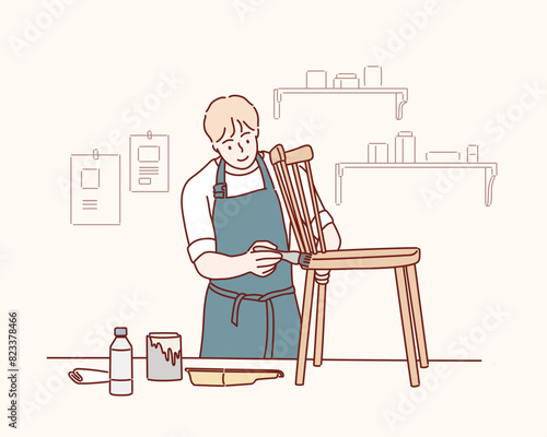 furniture renovation, diy and home improvement concept - man in gloves with paint brush painting old wooden chair. Hand drawn style vector design illustrations.