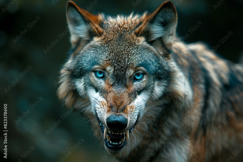 A close up of a wolf with blue eyes and teeth snarling