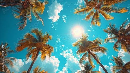 Upward view of palm trees with coconuts against the sunny blue sky with fluffy clouds in tropical climate © familymedia