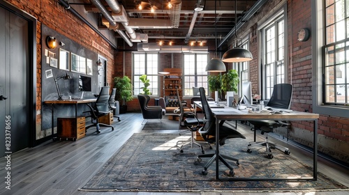 Create an industrial-style office with exposed brick  metal accents  and modern furniture. --ar 16 9 Job ID  43360c2e-a80e-4e88-8287-4dfd84bae0fe