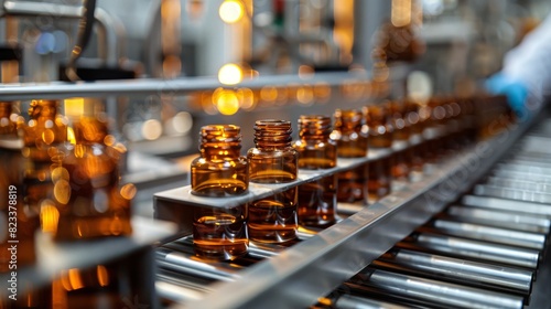 Sharp image showing the conveyor belt with a series of identical amber glass vials in pharmaceutical or chemical production