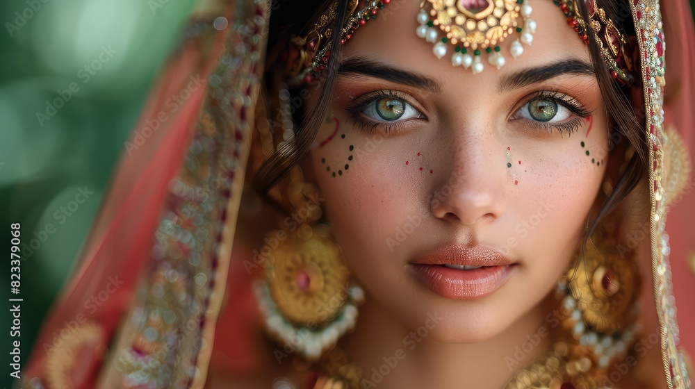 Elegant Indian Woman in Traditional Attire with Intricate Henna and Gemstone Accessories