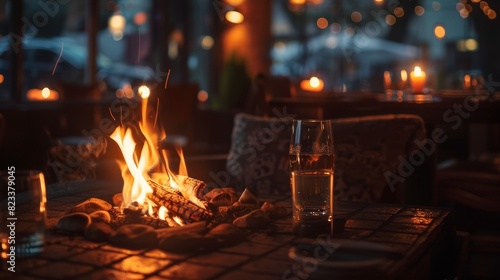 Cozy fireplace with burning wood logs for winter holiday designs