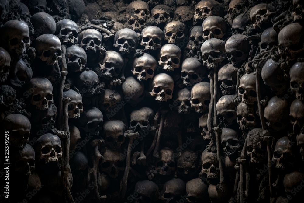 Obraz premium Chilling image displaying an array of human skulls stacked in a dark catacomb