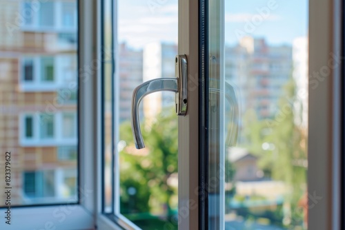 Handle with a lock on window, child protecting from falling out of windows, window handle © artemstepanov