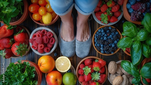 Top View of Feet on Weighing Scale, Depicting a Concept of Nutritious Eating.