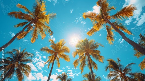 Serene scene of palm trees with bright sunlight against a blue sky, symbolizing vacation and tranquility © familymedia