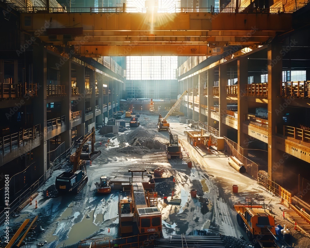A construction site with many vehicles and a lot of dirt. The sun is shining through the windows, creating a warm and inviting atmosphere A construction site with many vehicles and a lot of dirt. The sun is shining through the windows, creating a warm and inviting atmosphere