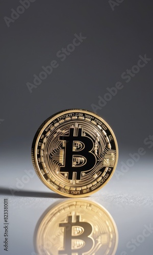 A single Bitcoin coin stands on a reflective surface, highlighted against a minimalist background. The image emphasizes the importance of Bitcoin in digital currency.