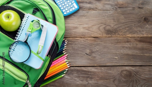 backpack, pencils and other school materials laid flat on wooden background for back to school theme