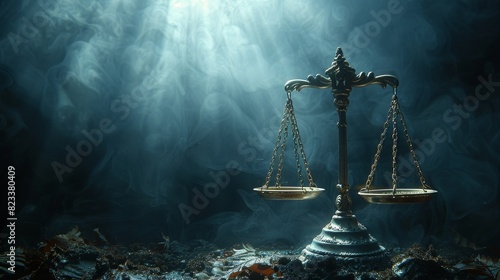 Scales of justice in a dark and foggy setting, conveying a sense of mystery and judgment photo