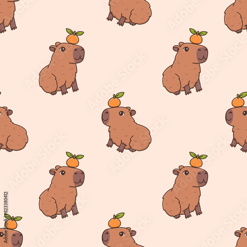 Seamless pattern of cute capybaras with citrus fruits. Funny cartoon rodent characters and tangerine. Kawaii vector illustration on beige background. Animal print