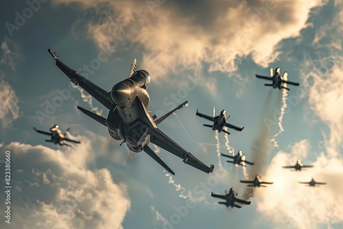 a group of fighter jets flying through a cloudy sky photo