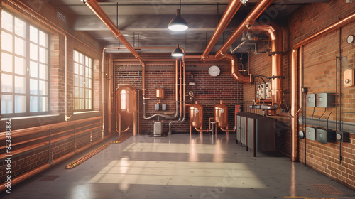 A large industrial room with pipes and valves. The room is empty and the pipes are made of metal