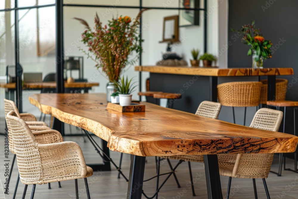 A long wooden dining table with black metal legs was set in an office room. The tabletop was made of natural wood and had visible grain patterns that added texture to the space