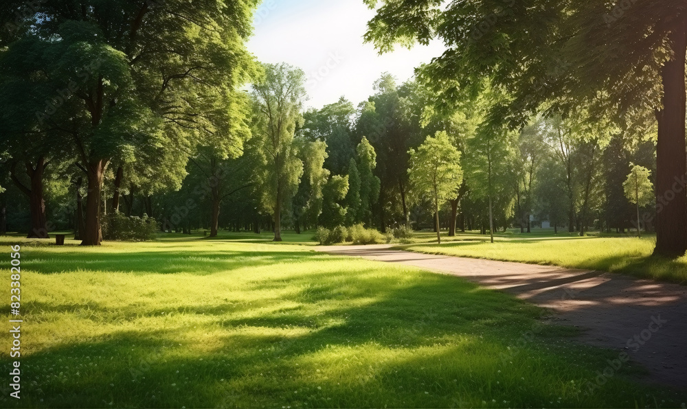 Beautiful landscape in a park with a tree and a green meadow in clear sunny weather. Beautiful landscape in a park with a tree and a green meadow in clear sunny weather.