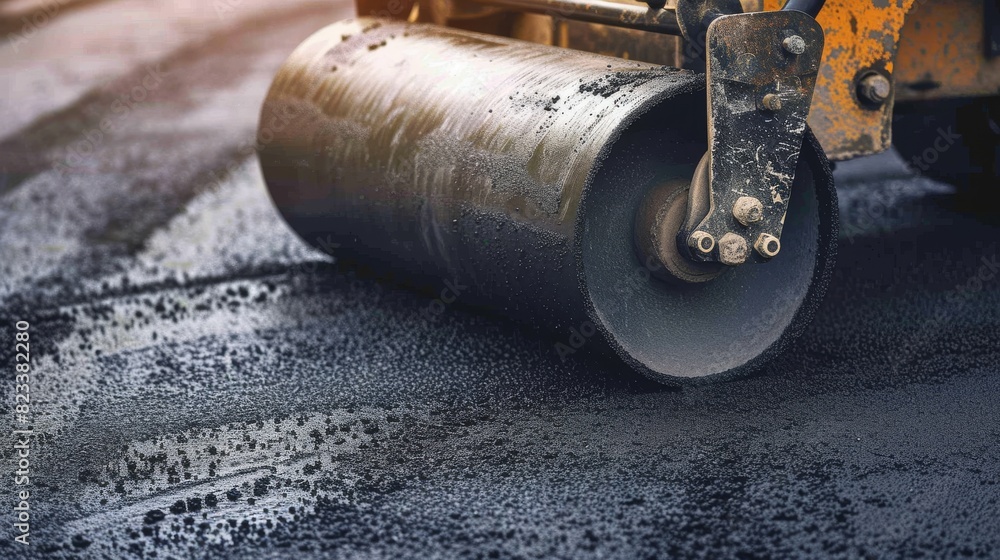 Road construction scene showing a steamroller in action on freshly laid asphalt, emphasizing industrial progress and development. Road construction scene showing a steamroller in action on freshly laid asphalt, emphasizing industrial progress and development.