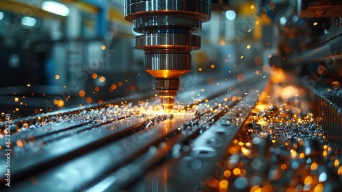 A close-up view of a CNC machine in operation with sparks flying as it cuts into metal photo
