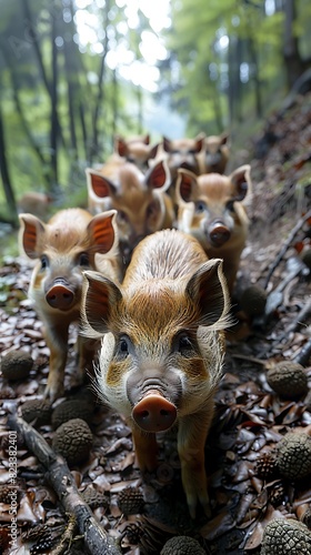 Foraging beneath verdant hills of Tuscany a group of wild boar roots through the forest floor in search of truffles their snouts twitching with anticipation at the scent of hidden treasures