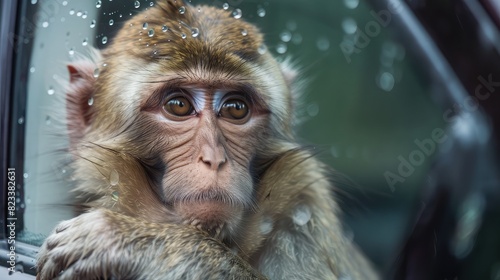 Macaque monkey sitting in a car in the rainforest, Portrait of rhesus macaque monkey, Sweet Little Monkeys - The Everyday Life,Rhesus monkeys are staring at you,


