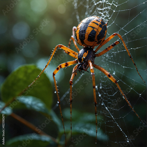 Vibrant Colored Spider on Dewy Web Amidst Green Foliage