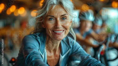 Fit senior woman smiling while cycling on a stationary bike, symbolizes health and active aging in a gym setting