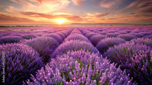 A lavender field in full bloom under a sunset sky. --ar 16 9 Job ID  8bf48bb4-612c-4007-a77a-28836f3cf42b